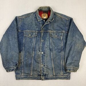 Vintage 90s GAP Denim Trucker Jacket Small Buffalo Plaid Lined Distressed Blue